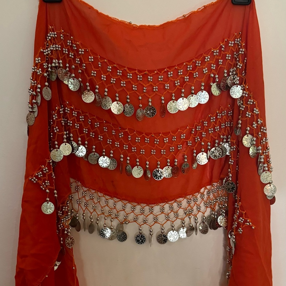 Chiffon Belly Dance Hip Scarf with silver beads and coins